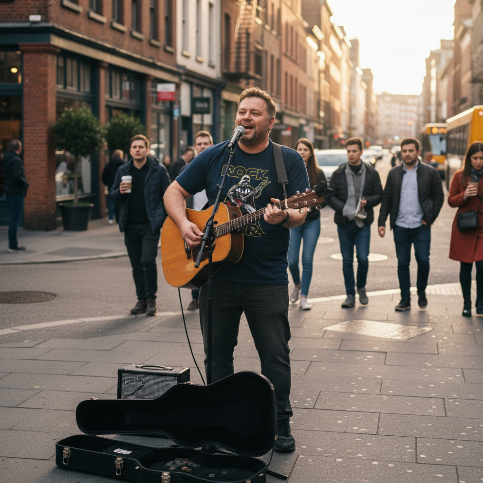 Man playing guitar and singing on a city street with pedestrians passing by