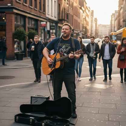 Man playing guitar and singing on a city street with pedestrians passing by