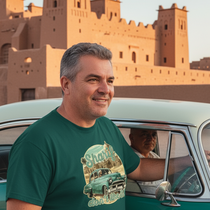 Man wearing a green t-shirt with a vintage car design, standing next to a classic car with a desert building in the background.