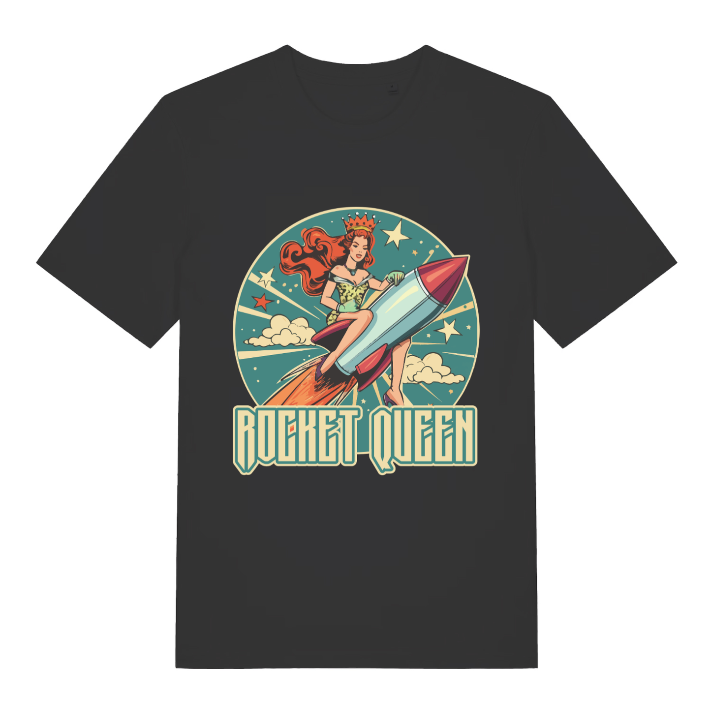 Black Rocket Queen funny graphic t-shirt with pin-up rocket design  