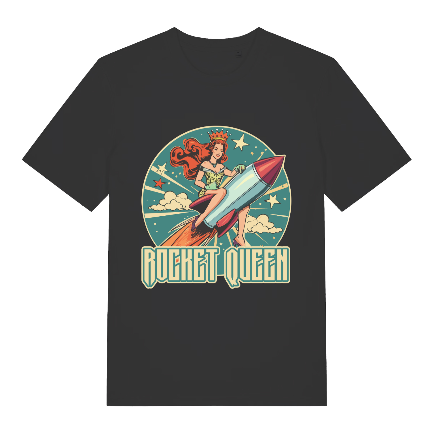 Black Rocket Queen funny graphic t-shirt with pin-up rocket design  