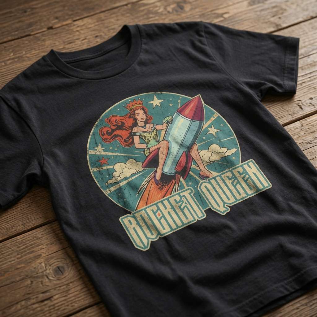 Black Rocket Queen t-shirt laid flat on a wooden surface showing the full vintage-style rocket queen graphic, mens unique music-inspired design