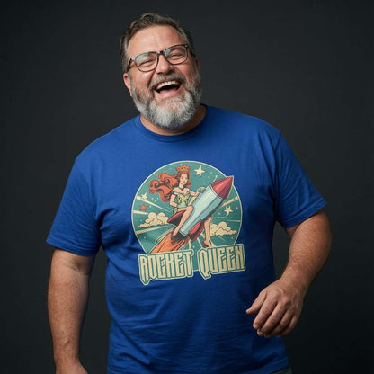 Bearded man laughing in a blue Rocket Queen t-shirt, mens music-inspired graphic full of pure rock energy that every fan will claim