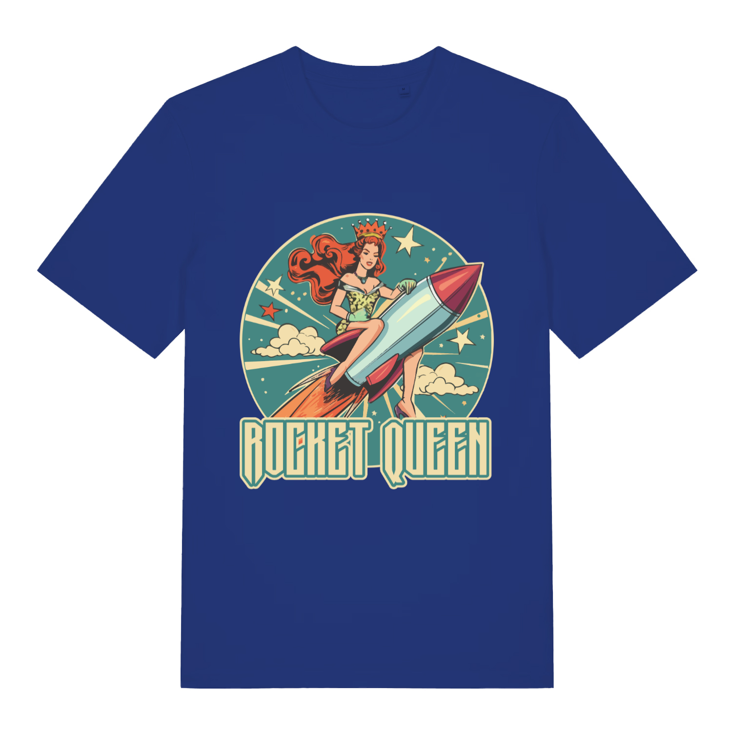 Blue Rocket Queen funny graphic t-shirt featuring cheeky music inspired artwork  