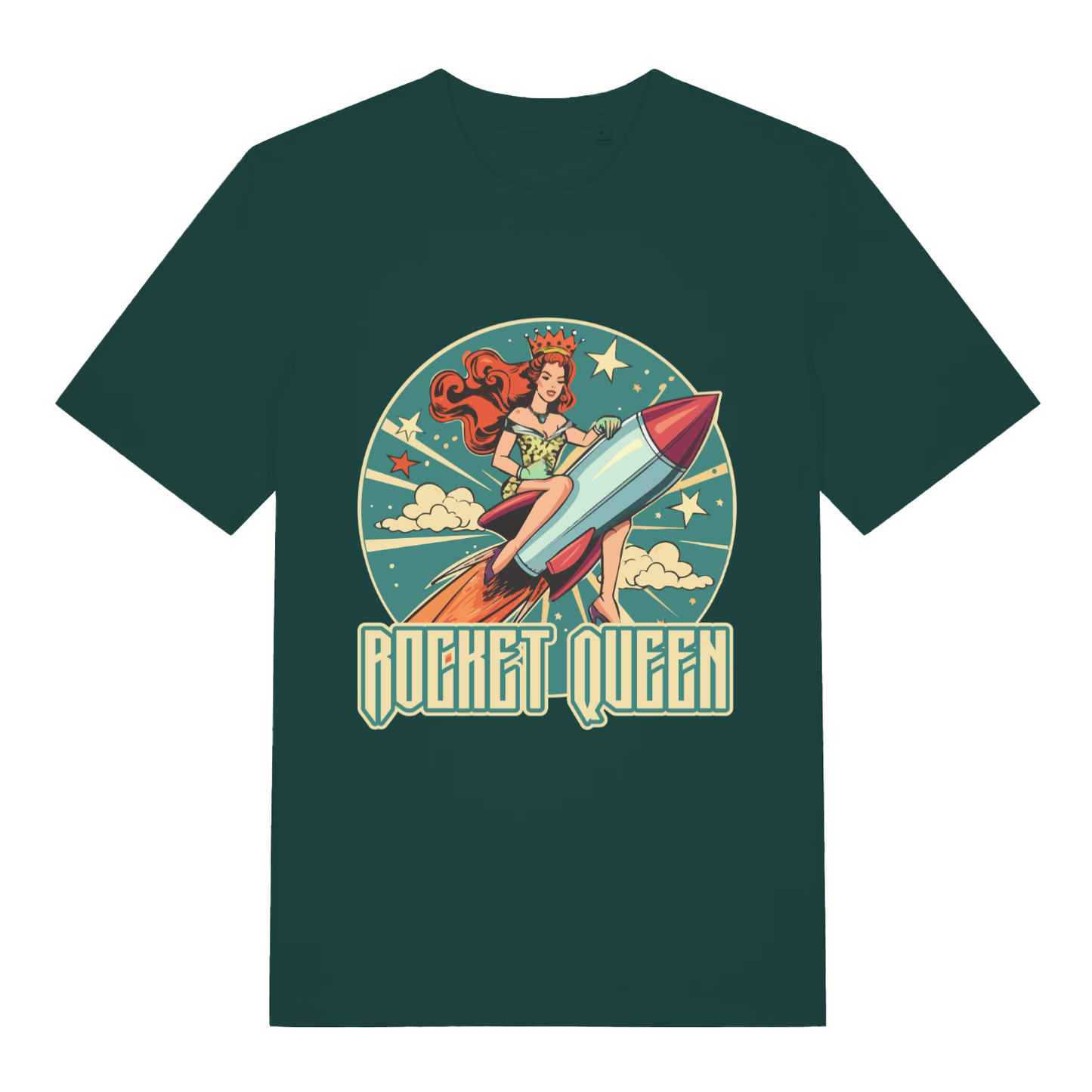 Green Rocket Queen funny graphic t-shirt with bold rocket queen lettering  
