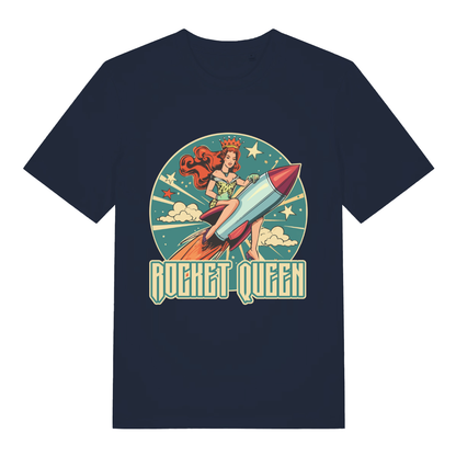 Navy Rocket Queen funny graphic t-shirt showing classic pin-up rocket scene  