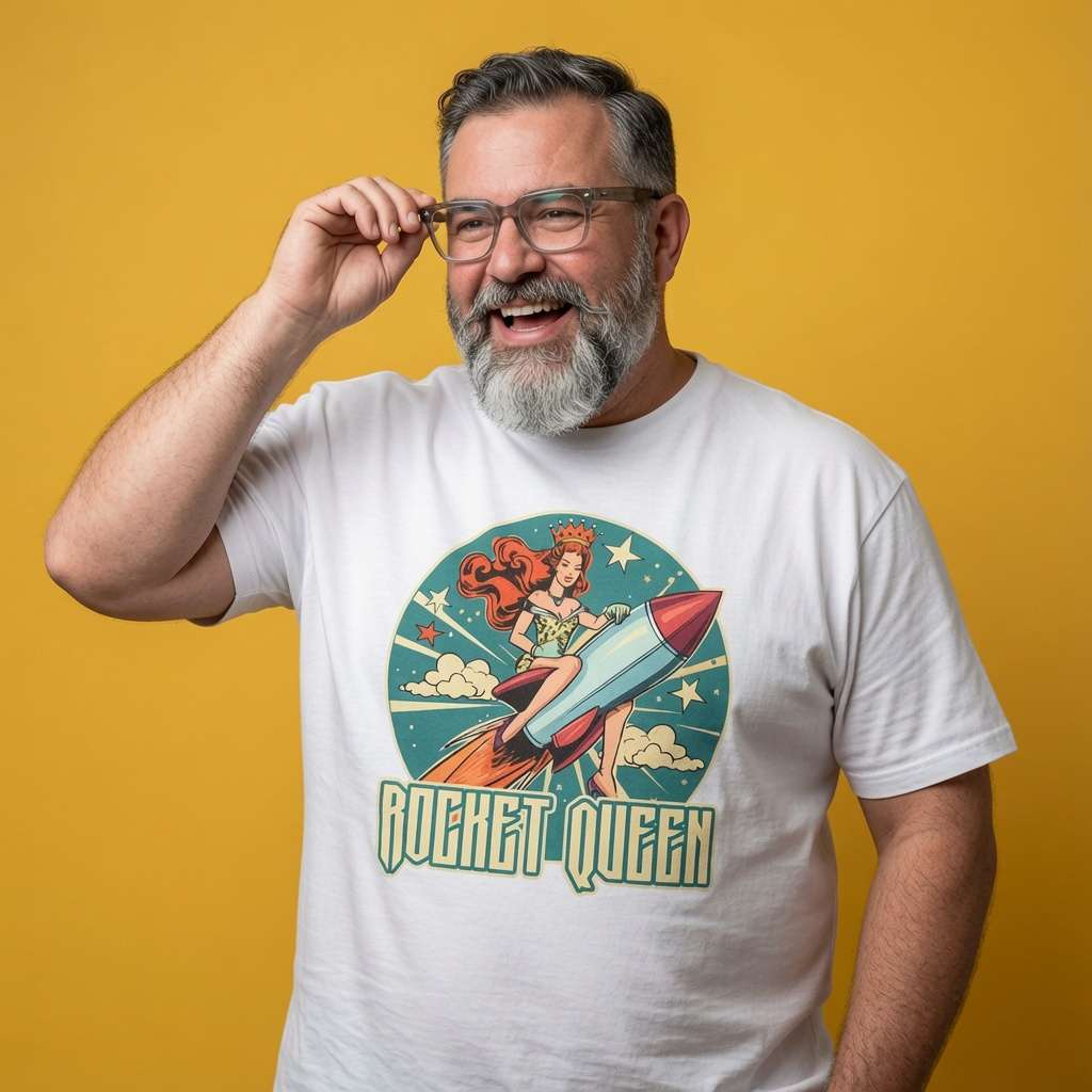 Bearded man smiling and adjusting his glasses while wearing a white Rocket Queen t-shirt featuring a retro pin-up queen riding a rocket, mens inspired-by-music graphic