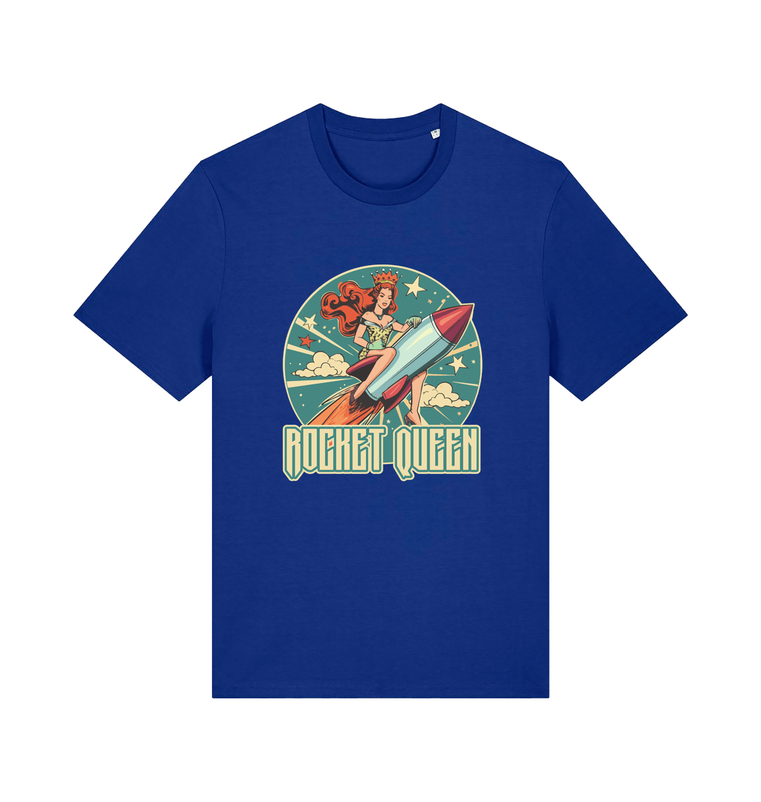 blue music t-shirt with the graphic of a woman riding a rocket and the slogan 'rocket queen'