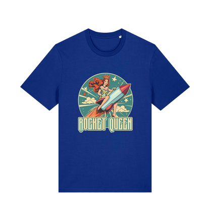 blue music t-shirt with the graphic of a woman riding a rocket and the slogan 'rocket queen'