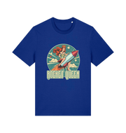blue music t-shirt with the graphic of a woman riding a rocket and the slogan 'rocket queen'