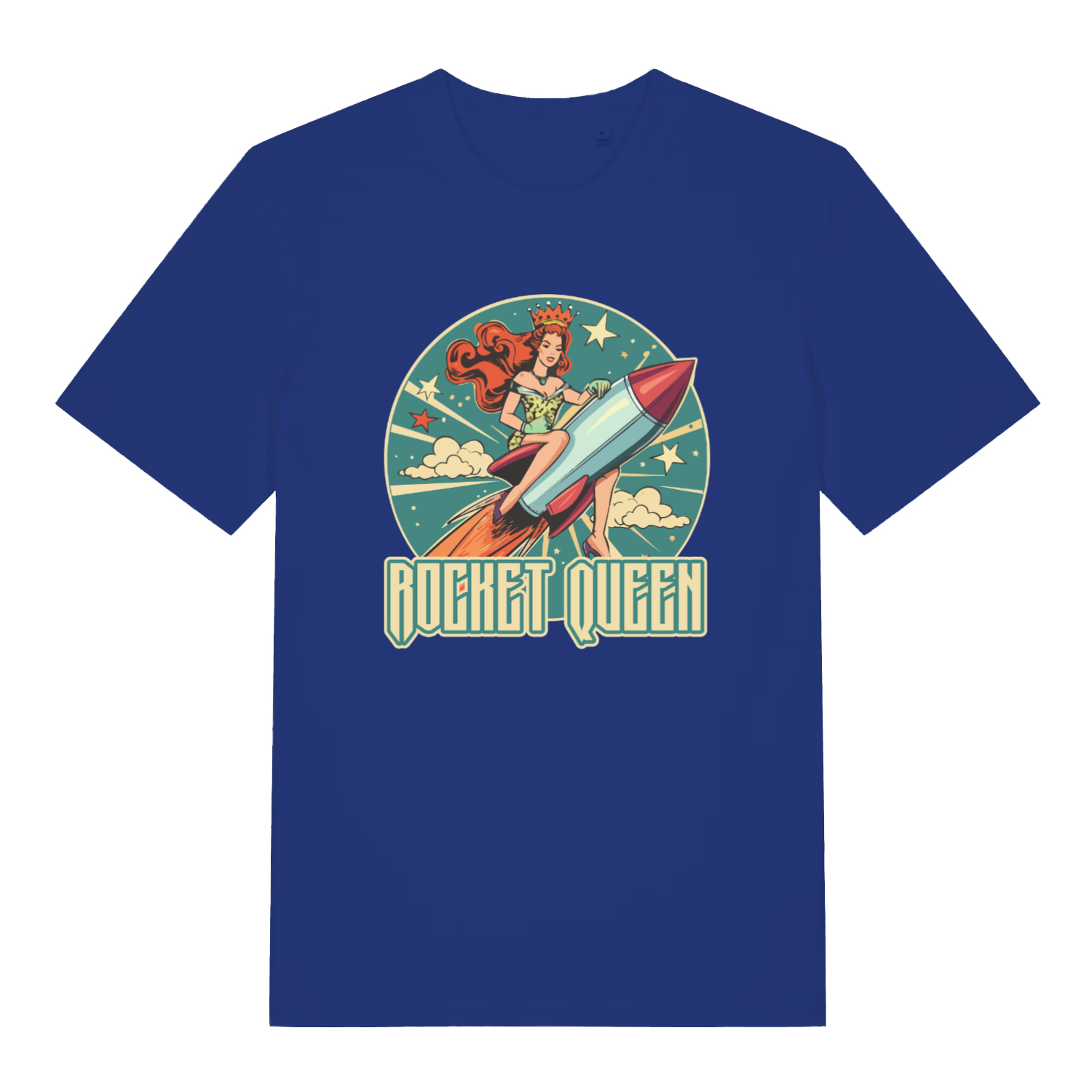blue music t-shirt with a woman riding a rocket and the slogan 'rocket queen'