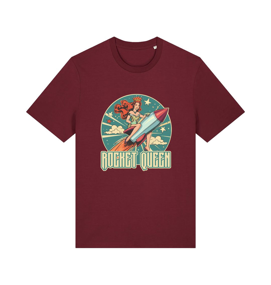 burgundy music t-shirt with the graphic of a woman riding a rocket and the slogan 'rocket queen'