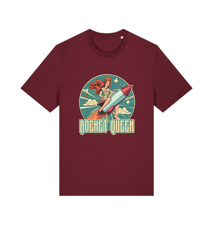 burgundy music t-shirt with the graphic of a woman riding a rocket and the slogan 'rocket queen'