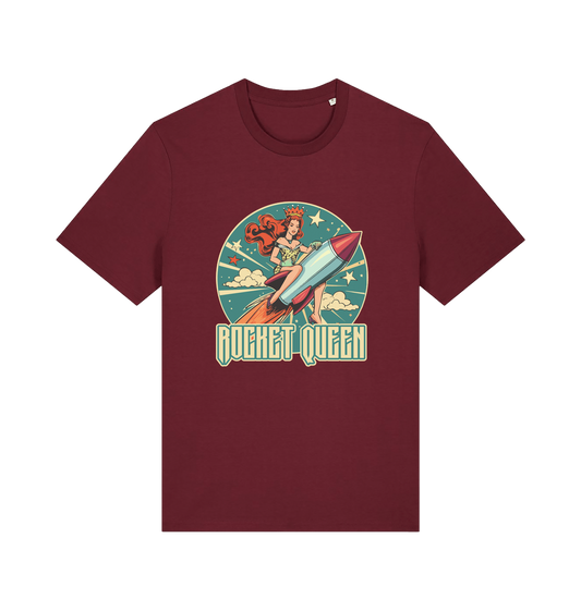 burgundy music t-shirt with the graphic of a woman riding a rocket and the slogan 'rocket queen'