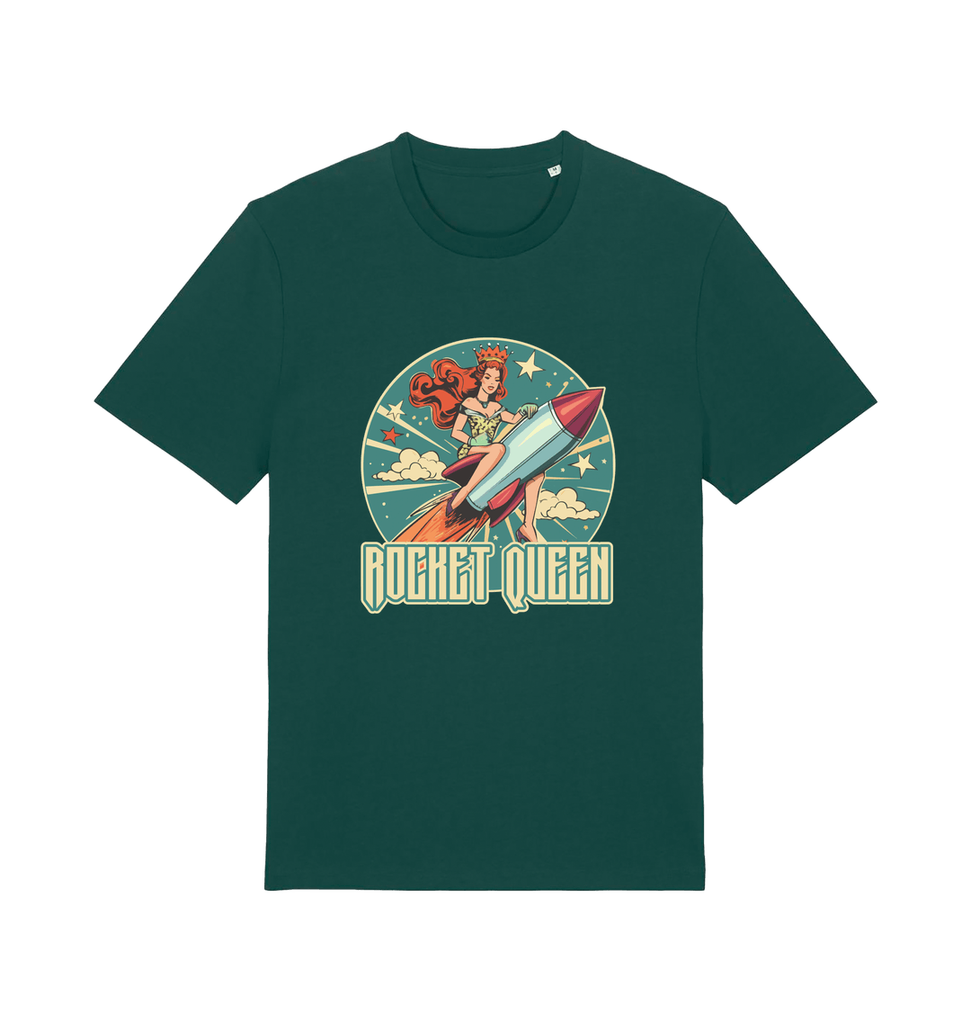 green music t-shirt with the graphic of a woman riding a rocket and the slogan 'rocket queen'