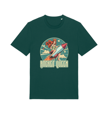 green music t-shirt with the graphic of a woman riding a rocket and the slogan 'rocket queen'