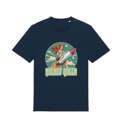 navy music t-shirt with the graphic of a woman riding a rocket and the slogan 'rocket queen'