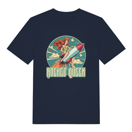 navy music t-shirt with a woman riding a rocket and the slogan 'rocket queen'