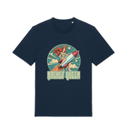 navy music t-shirt with the graphic of a woman riding a rocket and the slogan 'rocket queen'