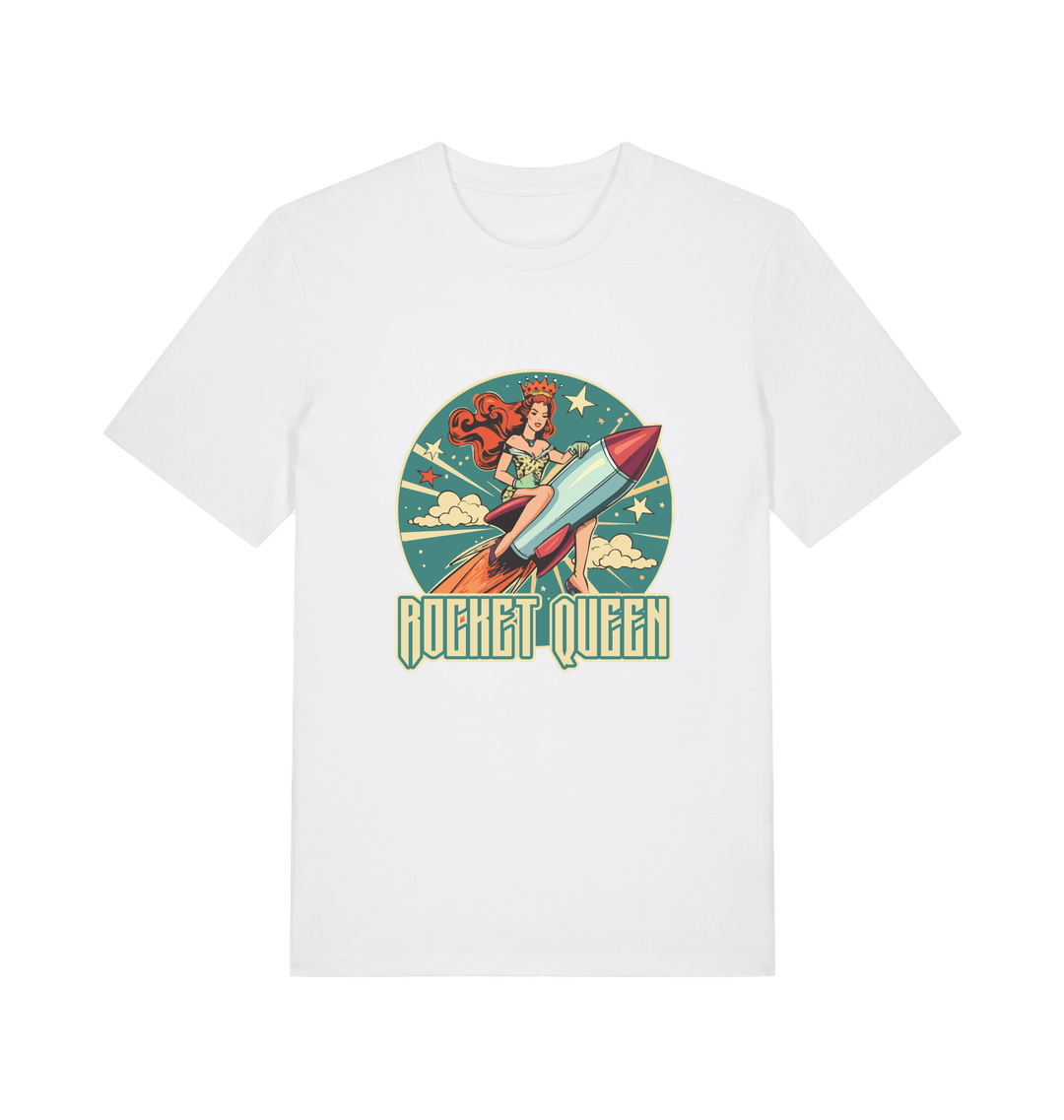 white music t-shirt with the graphic of a woman riding a rocket and the slogan 'rocket queen'