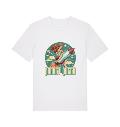 white music t-shirt with the graphic of a woman riding a rocket and the slogan 'rocket queen'