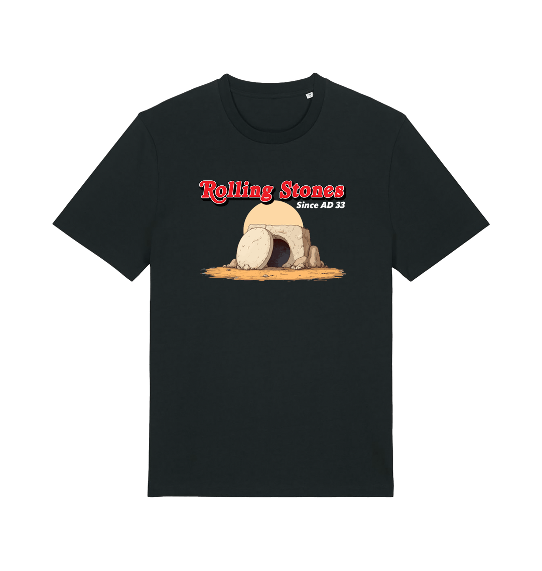 black funny jesus t-shirt with the graphic of a cave with a boulder in front and the slogan 'rolling stones since ad 33'