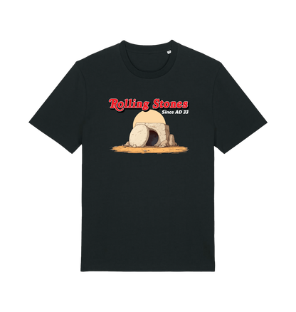 black funny jesus t-shirt with the graphic of a cave with a boulder in front and the slogan 'rolling stones since ad 33'