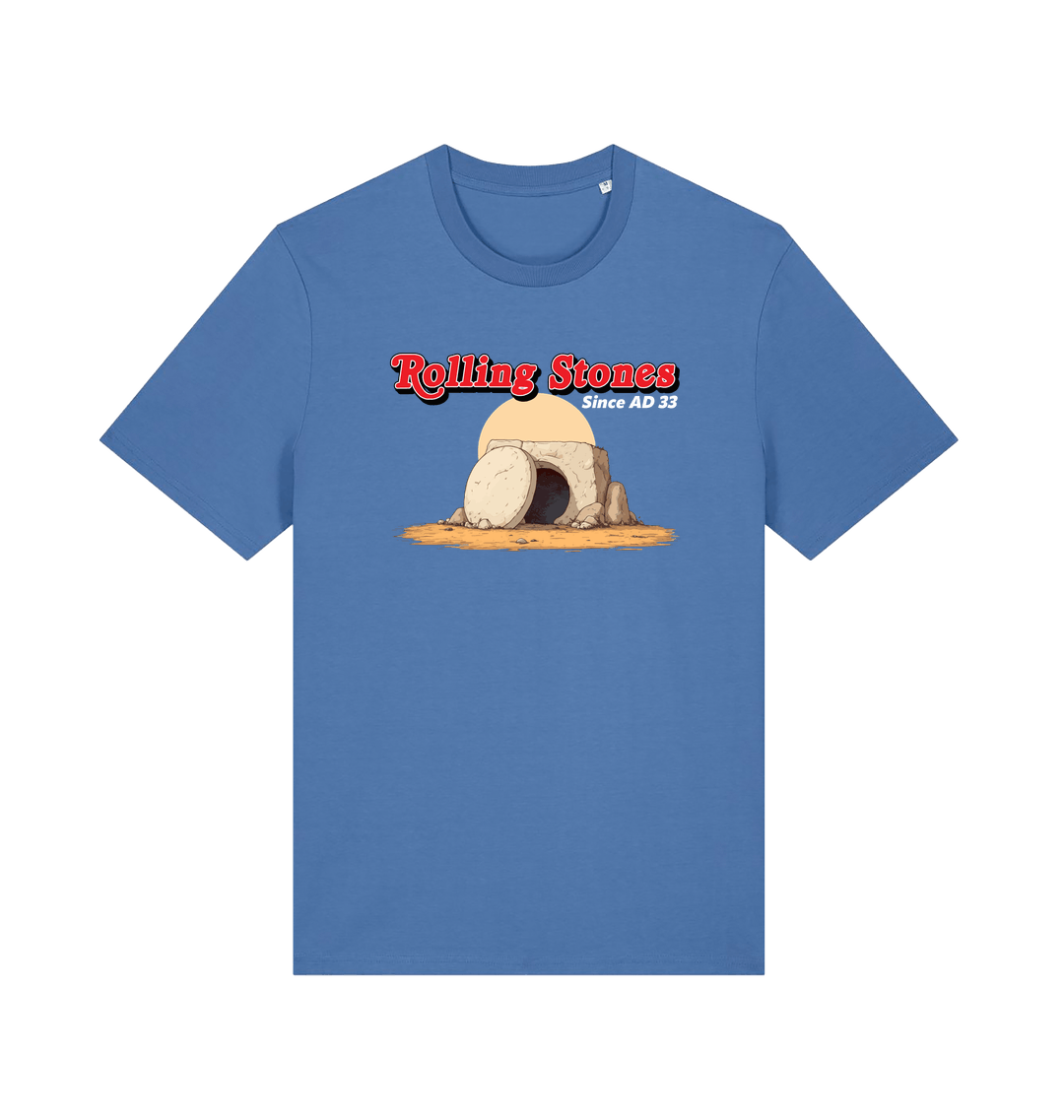 blue funny jesus t-shirt with the graphic of a cave with a boulder in front and the slogan 'rolling stones since ad 33'