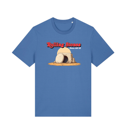 blue funny jesus t-shirt with the graphic of a cave with a boulder in front and the slogan 'rolling stones since ad 33'