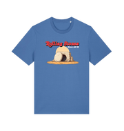 blue funny jesus t-shirt with the graphic of a cave with a boulder in front and the slogan 'rolling stones since ad 33'