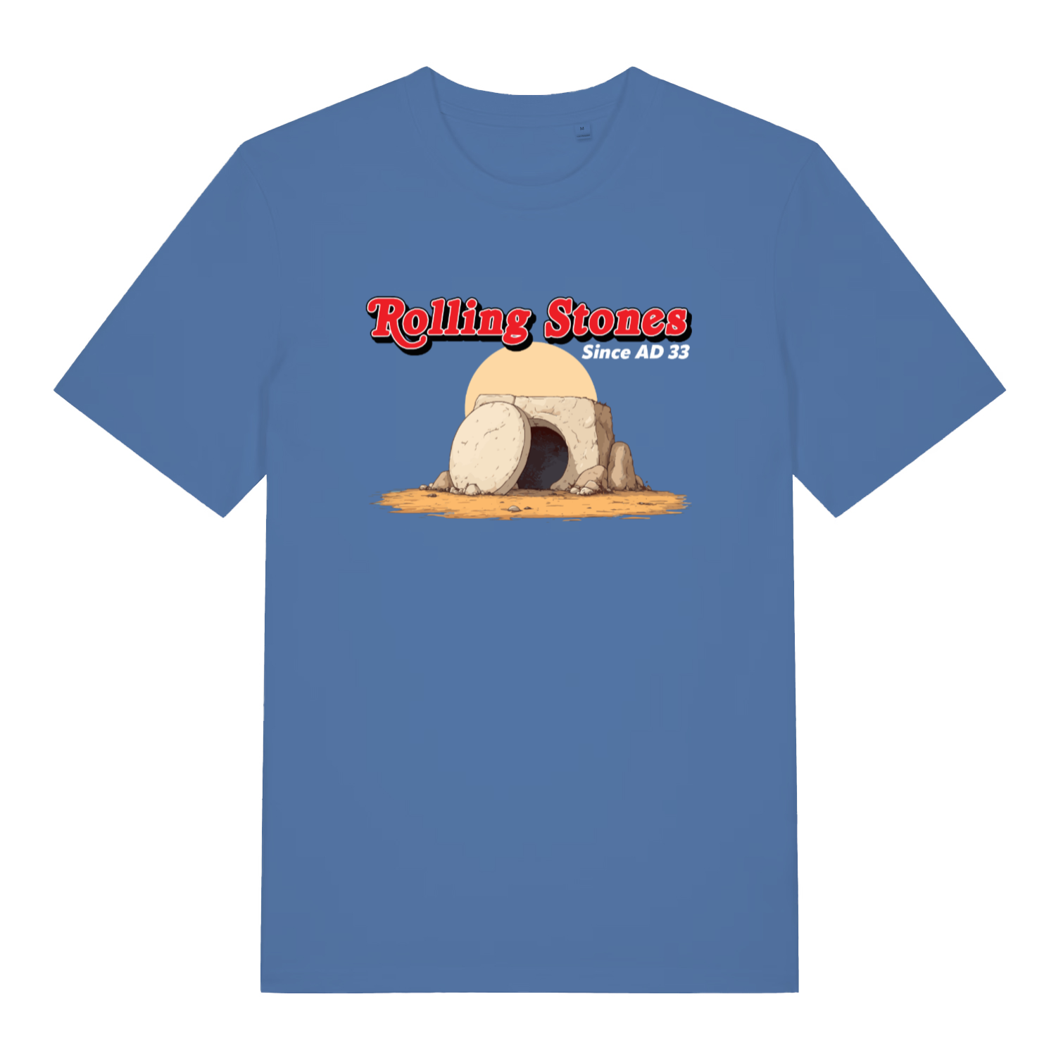 Blue Rolling Stones Since AD 33 funny graphic t-shirt featuring cheeky Jesus Easter joke  