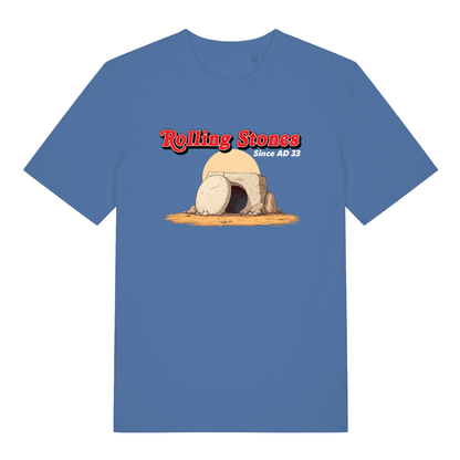 Blue Rolling Stones Since AD 33 funny graphic t-shirt featuring cheeky Jesus Easter joke  