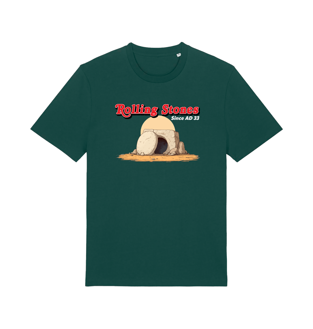 green funny jesus t-shirt with the graphic of a cave with a boulder in front and the slogan 'rolling stones since ad 33'