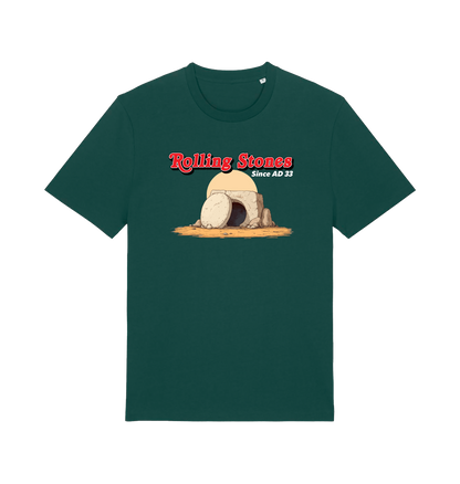 green funny jesus t-shirt with the graphic of a cave with a boulder in front and the slogan 'rolling stones since ad 33'