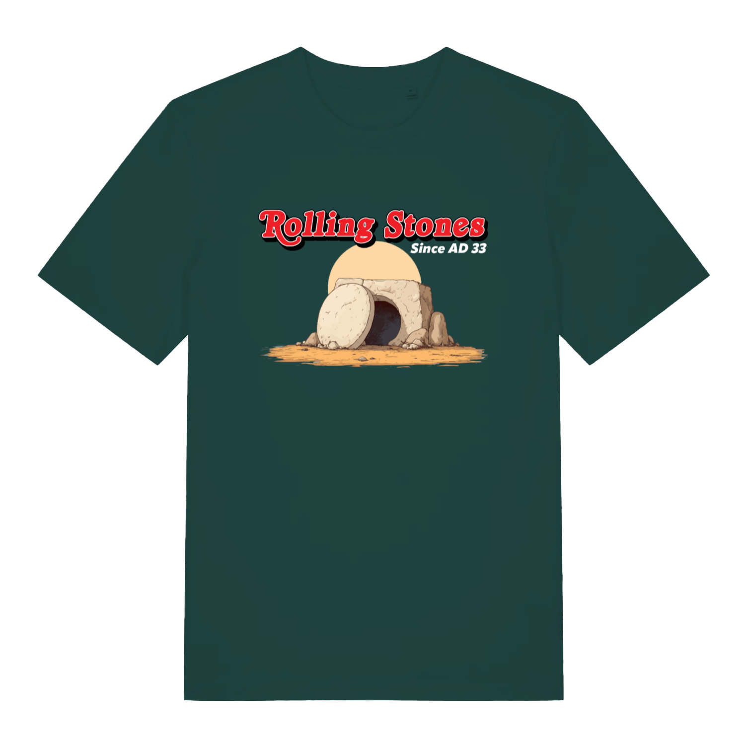 Green Rolling Stones Since AD 33 funny graphic t-shirt with bold rolling stones lettering  