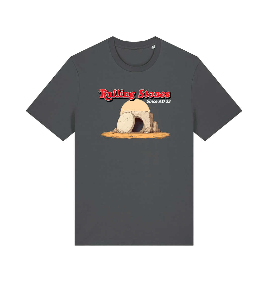 grey funny jesus t-shirt with the graphic of a cave with a boulder in front and the slogan 'rolling stones since ad 33'