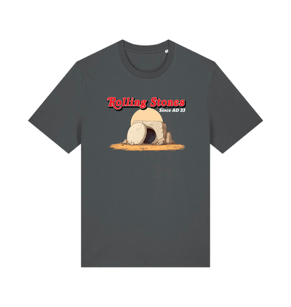 grey funny jesus t-shirt with the graphic of a cave with a boulder in front and the slogan 'rolling stones since ad 33'
