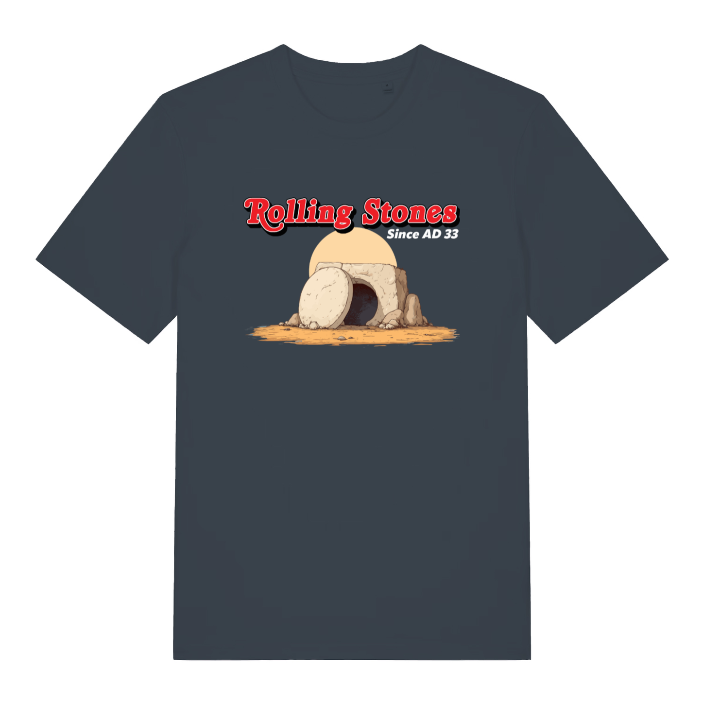 Ink grey Rolling Stones Since AD 33 funny graphic t-shirt showing classic empty tomb artwork  