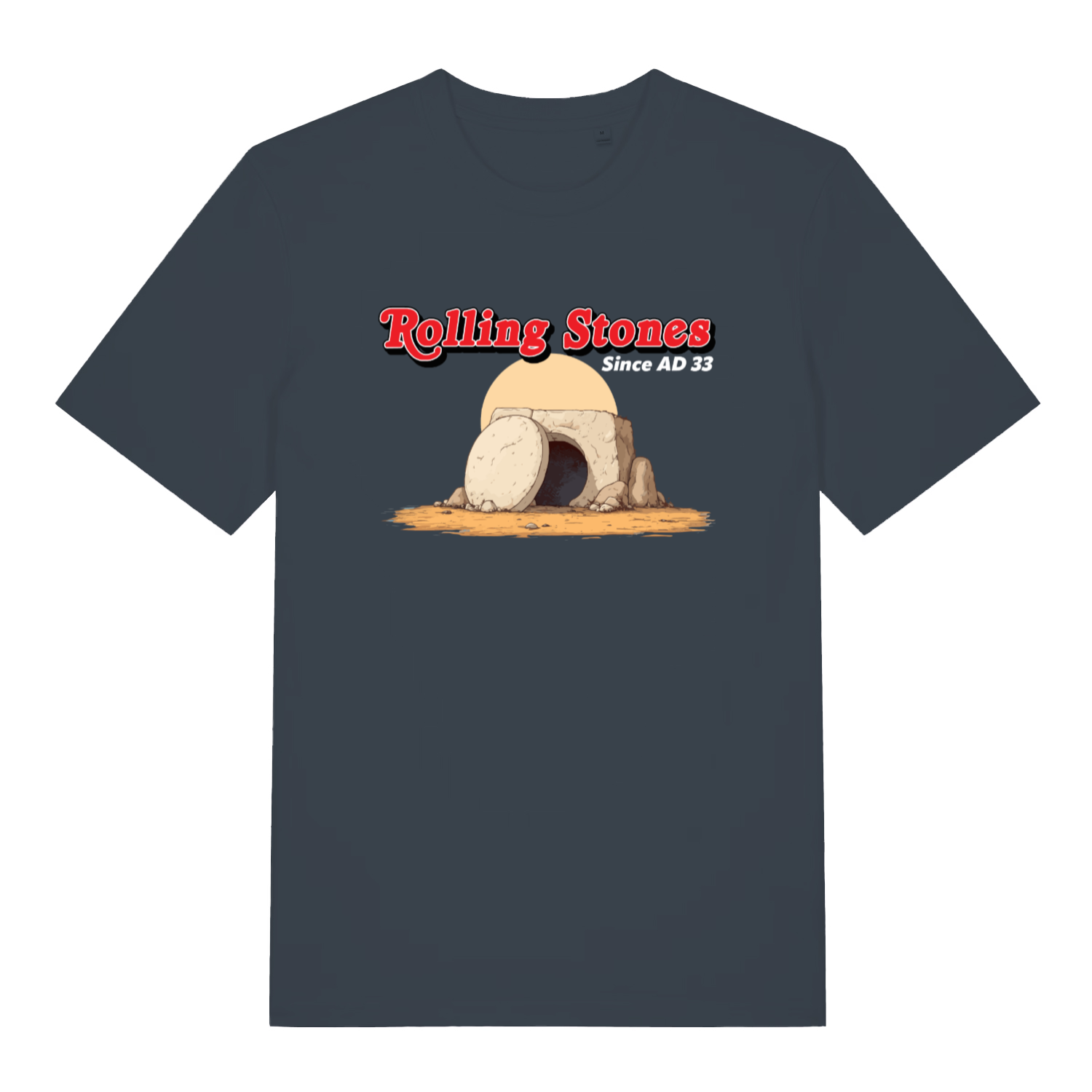 Ink grey Rolling Stones Since AD 33 funny graphic t-shirt showing classic empty tomb artwork  