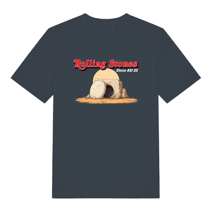 Ink grey Rolling Stones Since AD 33 funny graphic t-shirt showing classic empty tomb artwork  