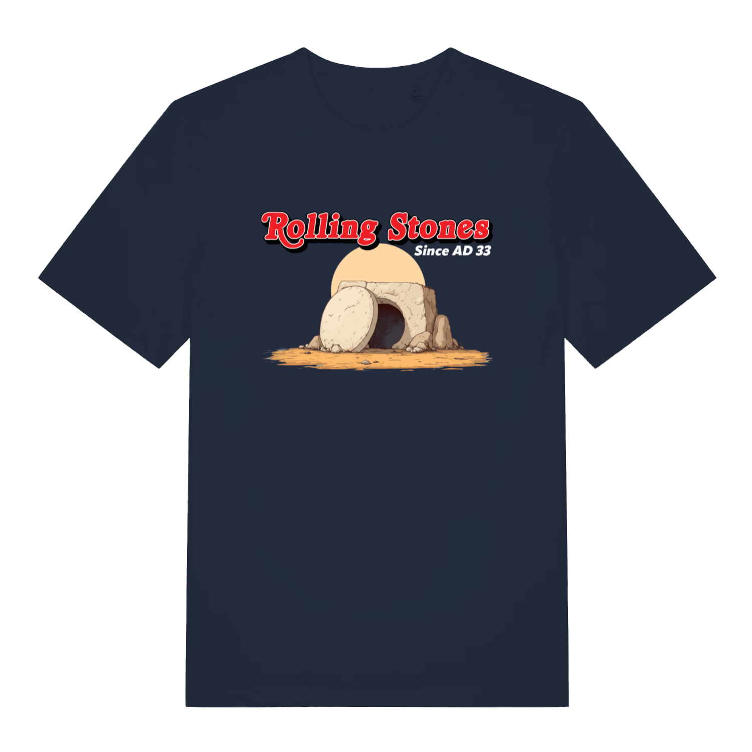 Navy Rolling Stones Since AD 33 funny graphic t-shirt featuring ultimate witty Jesus design  