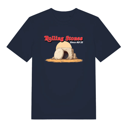 Navy Rolling Stones Since AD 33 funny graphic t-shirt featuring ultimate witty Jesus design  