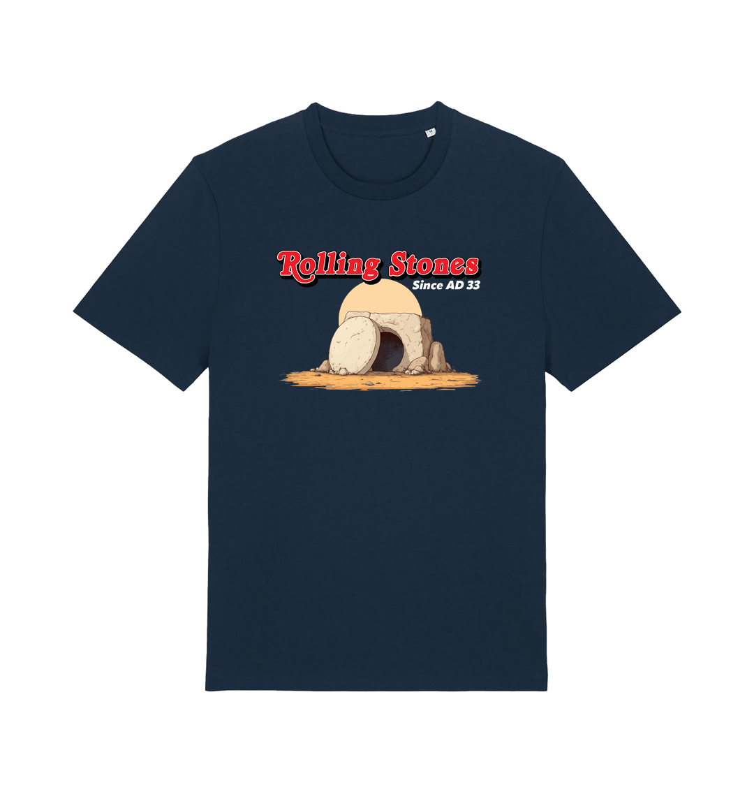 navy funny jesus t-shirt with the graphic of a cave with a boulder in front and the slogan 'rolling stones since ad 33'