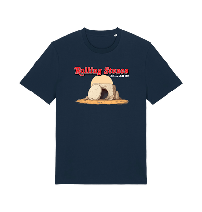 navy funny jesus t-shirt with the graphic of a cave with a boulder in front and the slogan 'rolling stones since ad 33'