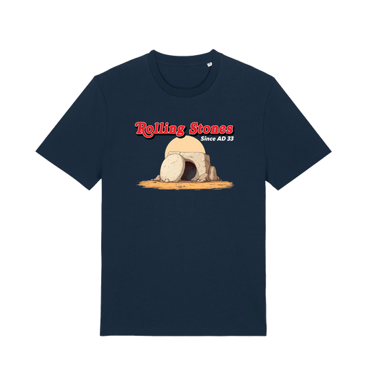 navy funny jesus t-shirt with the graphic of a cave with a boulder in front and the slogan 'rolling stones since ad 33'