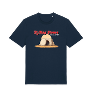 navy funny jesus t-shirt with the graphic of a cave with a boulder in front and the slogan 'rolling stones since ad 33'
