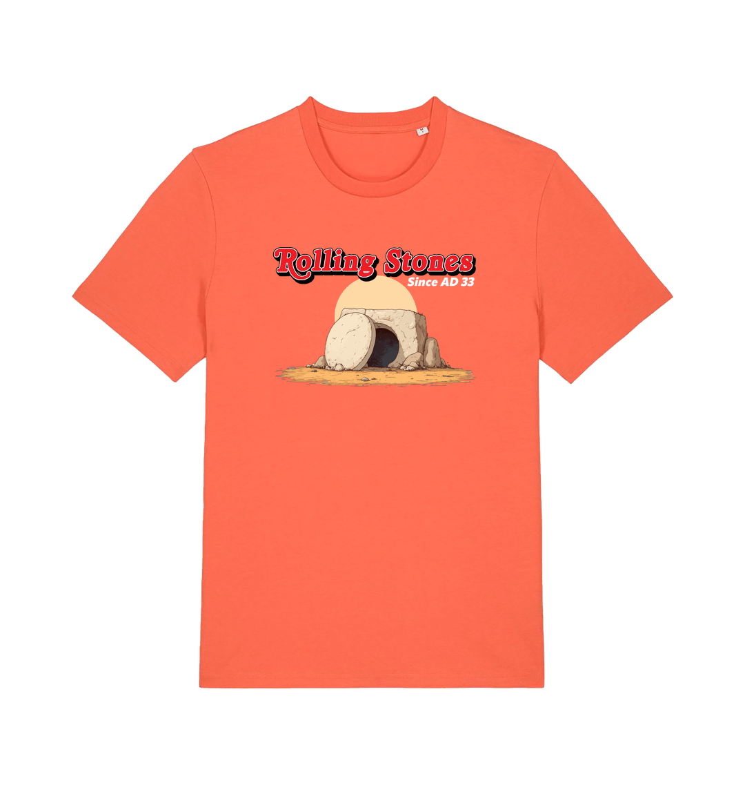 orange funny jesus t-shirt with the graphic of a cave with a boulder in front and the slogan 'rolling stones since ad 33'