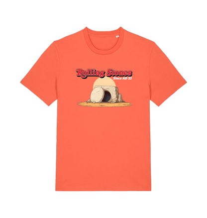 orange funny jesus t-shirt with the graphic of a cave with a boulder in front and the slogan 'rolling stones since ad 33'