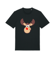 black christmas t-shirt with the graphic of a red nosed reindeer