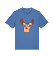 blue christmas t-shirt with the graphic of a red nosed reindeer